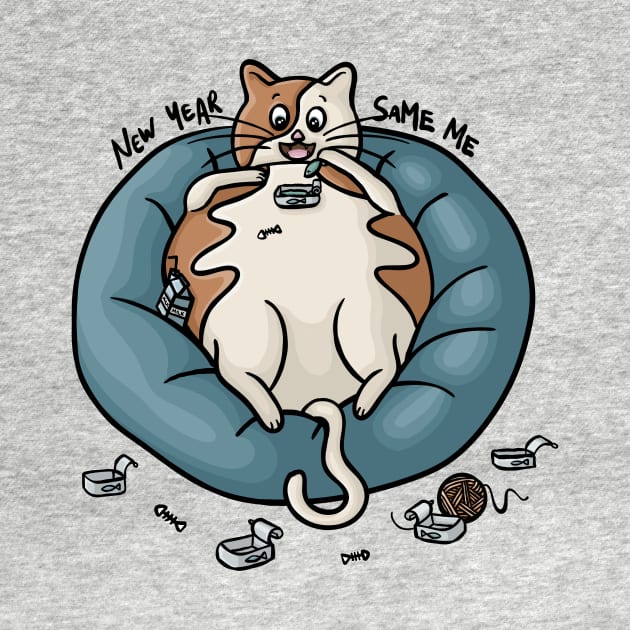 New Year Same Me Chubby Kitty Eating Fish Funny Digital Illustration by AlmightyClaire